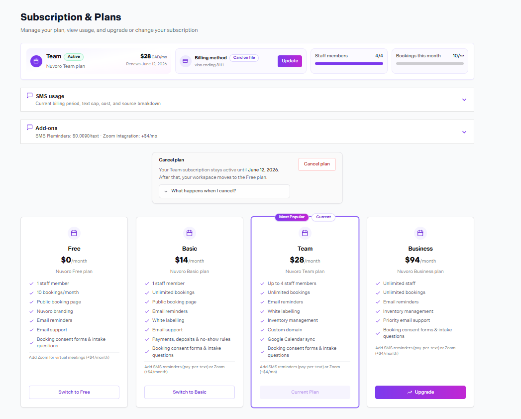 Subscription and plans page